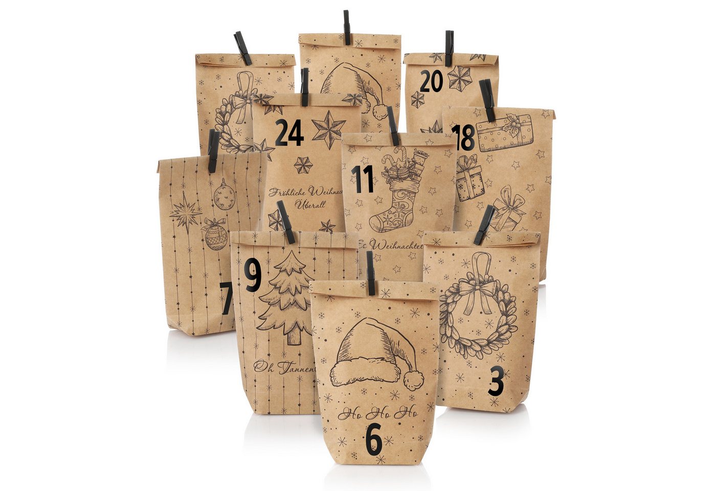 Nordstern befüllbarer Adventskalender Set mit 24 Tüten, Mini Klammern und Zahlen Aufklebern, zum Basteln für Kinder, Frau und Mann