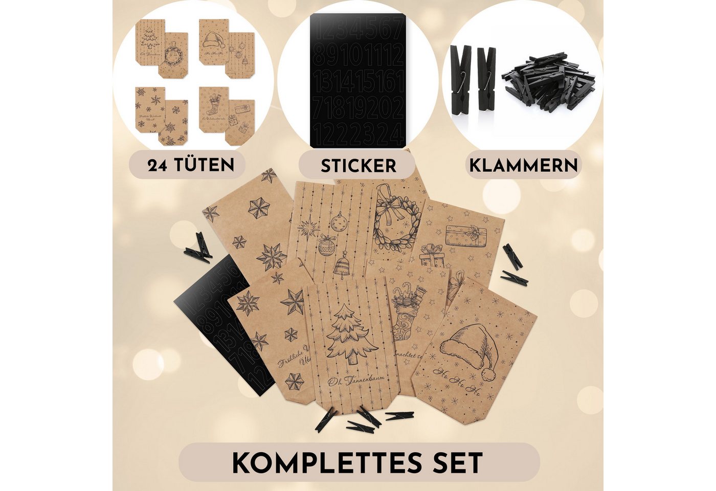 Nordstern befüllbarer Adventskalender Set mit 24 Tüten, Mini Klammern und Zahlen Aufklebern, zum Basteln für Kinder, Frau und Mann Bild 5