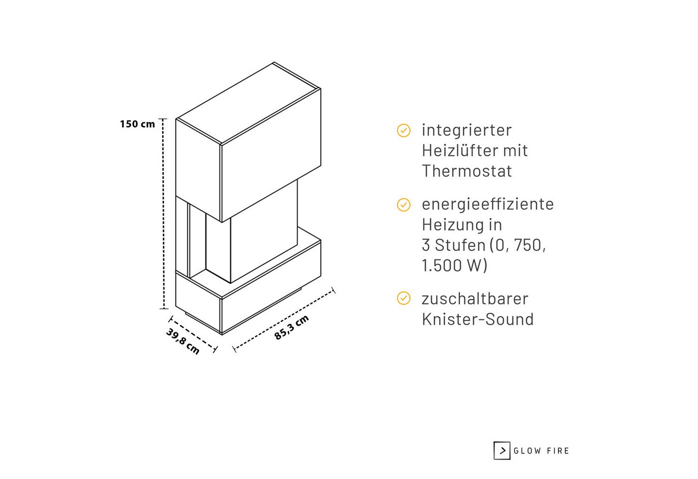 GLOW FIRE Elektrokamin PR14 E-Motion 3D, Elektrischer Kamin mit 3D Feuer mit Heizung, täuschend echte Flamme mit Heizung, 3 Dekorationen