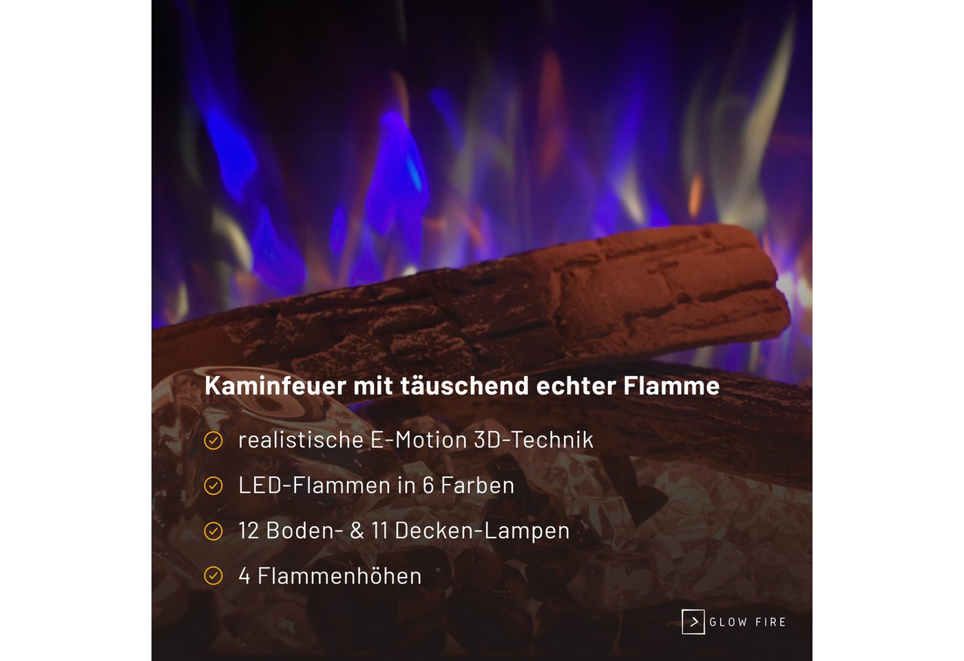 GLOW FIRE Elektrokamin PR14 E-Motion 3D, Elektrischer Kamin mit 3D Feuer mit Heizung, täuschend echte Flamme mit Heizung, 3 Dekorationen Bild 3