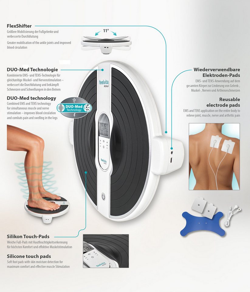 Genius EMS-Fußmassage-Gerät Feelvita Acticur Aktiv-Set Durchblutungsstimulator inkl. SuperFit, (12-tlg Set), Praktisches Schwenkelement -- FlexShifter
