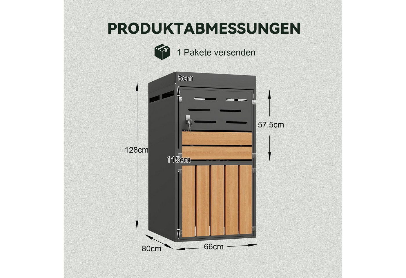 KLAM HOME Mülltonnenbox Außenschrank mit Pflanzkasten, verzinkter Stahl wetterfest (Gartenschrank 66x80x128cm mit Belüftung & Sicherungskette), 2-in-1 Gartenschrank abschließbar platzsparend & dekorativ
