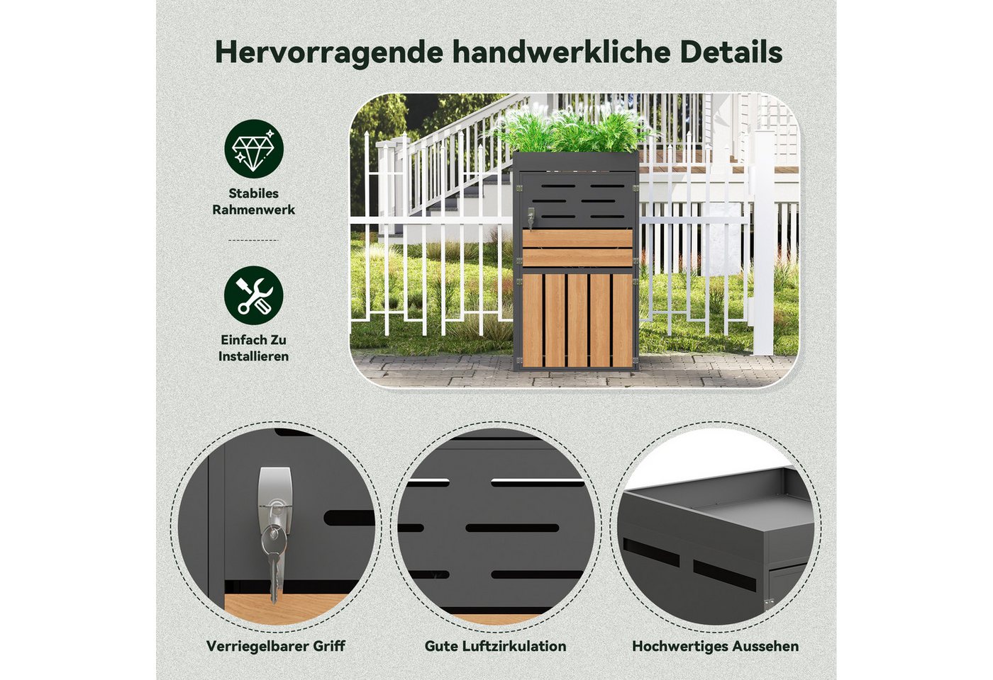KLAM HOME Mülltonnenbox Außenschrank mit Pflanzkasten, verzinkter Stahl wetterfest (Gartenschrank 66x80x128cm mit Belüftung & Sicherungskette), 2-in-1 Gartenschrank abschließbar platzsparend & dekorativ Bild 2