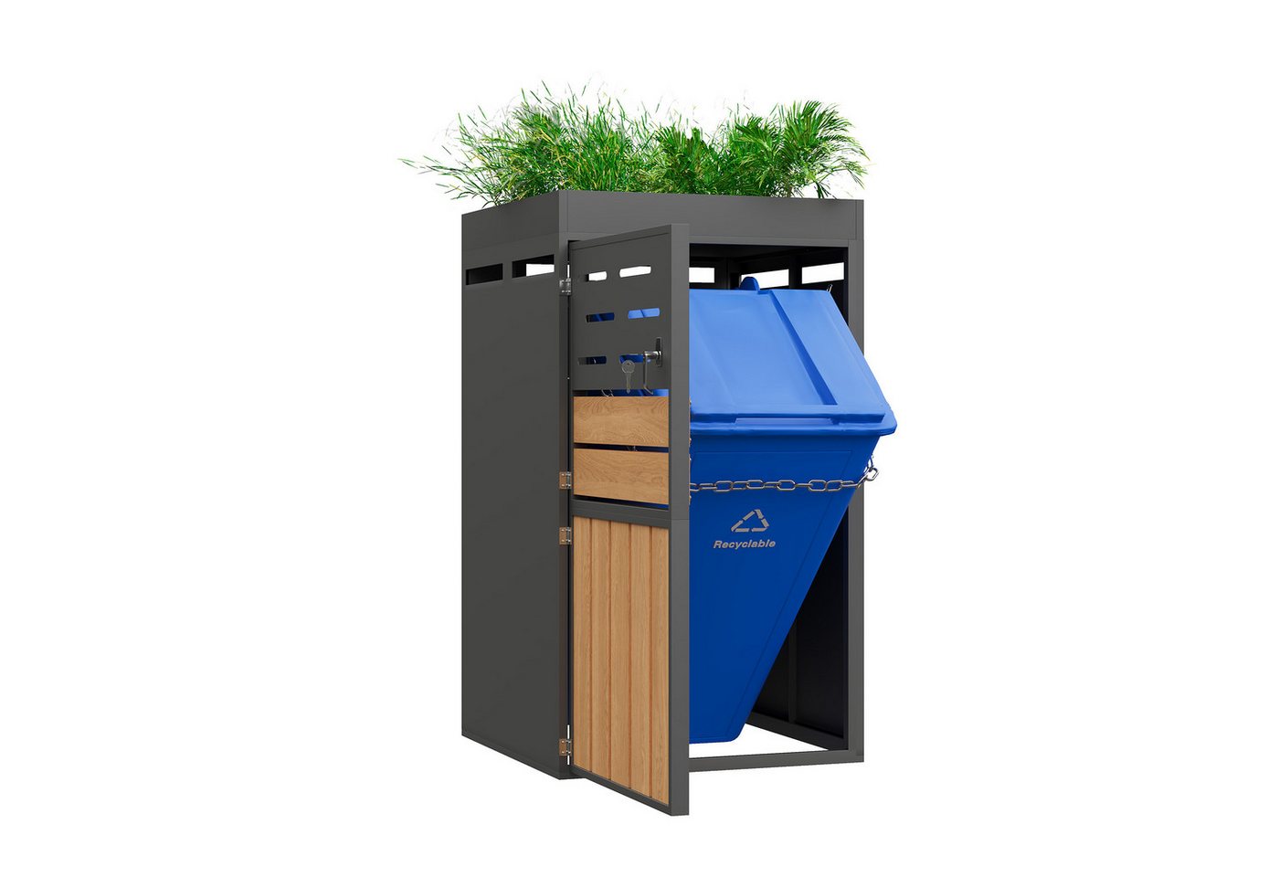 KLAM HOME Mülltonnenbox Außenschrank mit Pflanzkasten, verzinkter Stahl wetterfest (Gartenschrank 66x80x128cm mit Belüftung & Sicherungskette), 2-in-1 Gartenschrank abschließbar platzsparend & dekorativ Bild 3