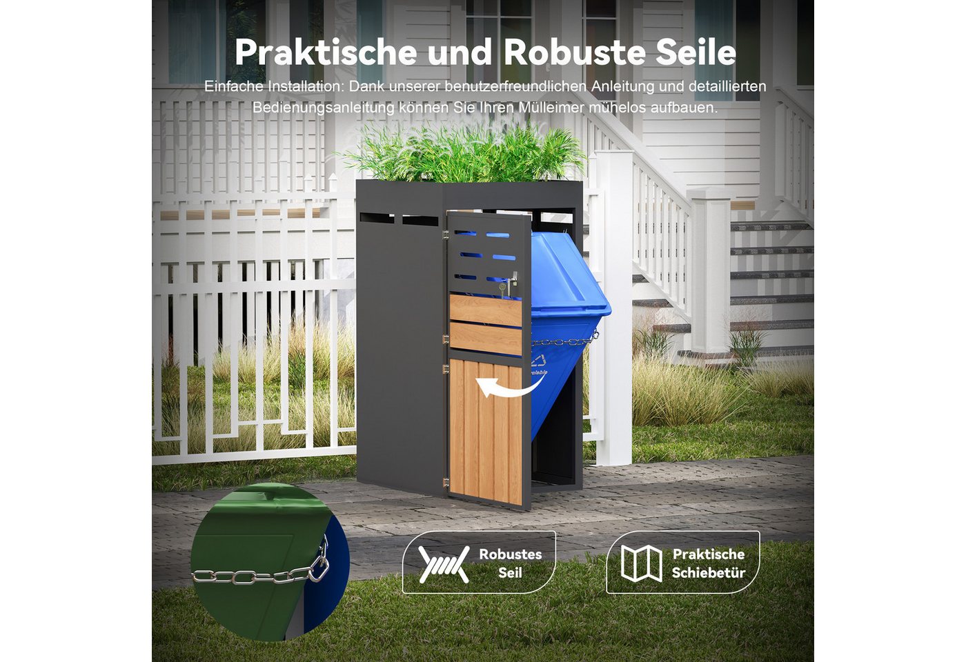 KLAM HOME Mülltonnenbox Außenschrank mit Pflanzkasten, verzinkter Stahl wetterfest (Gartenschrank 66x80x128cm mit Belüftung & Sicherungskette), 2-in-1 Gartenschrank abschließbar platzsparend & dekorativ Bild 4