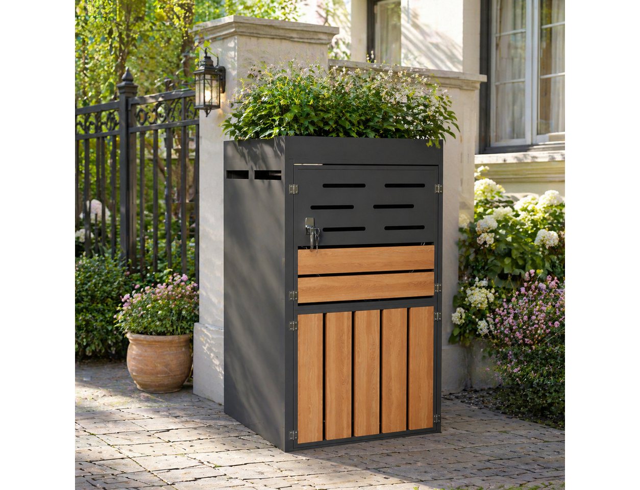 KLAM HOME Mülltonnenbox Außenschrank mit Pflanzkasten, verzinkter Stahl wetterfest (Gartenschrank 66x80x128cm mit Belüftung & Sicherungskette), 2-in-1 Gartenschrank abschließbar platzsparend & dekorativ Bild 5