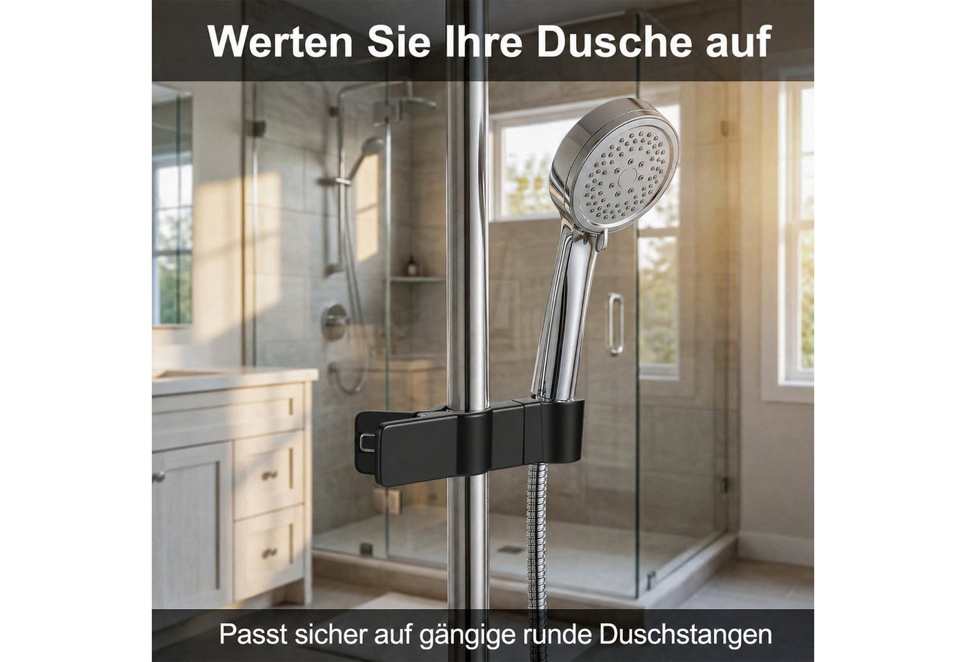BlingBin Brausehalter Ohne Bohren, 35° Drehbar Duschkopf Halter für 22-25mm Stangen, Verchromte Halterung für Duschkopf, Badezimmer, Schwarz Bild 3