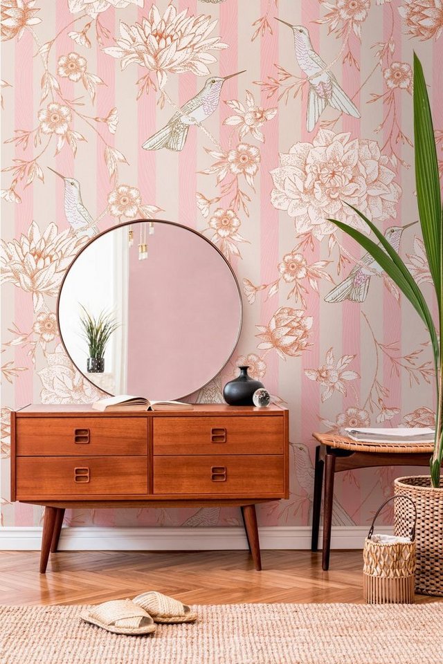 Newroom Vliestapete Claye Tapete Wandbild Blumen,Streifen,Vögel, [ 2,8 x 1,59 m ] großzügiges Motiv - kein wiederkehrendes Muster - nahtlos große Flächen möglich - Fototapete Wandbild Blumen Streifen Vögel Made in Germany, Tapete