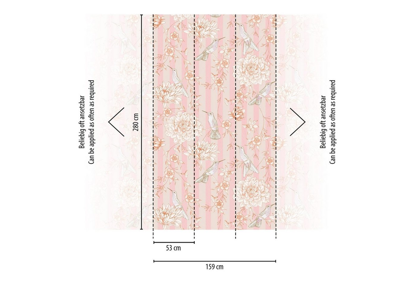 Newroom Vliestapete Claye Tapete Wandbild Blumen,Streifen,Vögel, [ 2,8 x 1,59 m ] großzügiges Motiv - kein wiederkehrendes Muster - nahtlos große Flächen möglich - Fototapete Wandbild Blumen Streifen Vögel Made in Germany, Tapete Bild 2