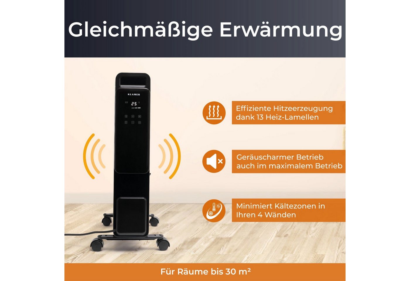 KLAMER Ölradiator 2500 W, Elektroheizung energiesparend, 13 Rippen, 3 Heizstufen mit Ec…, Eco-Modus heizt leise & sparsam, 3-fach Sicherheit, geräuscharm