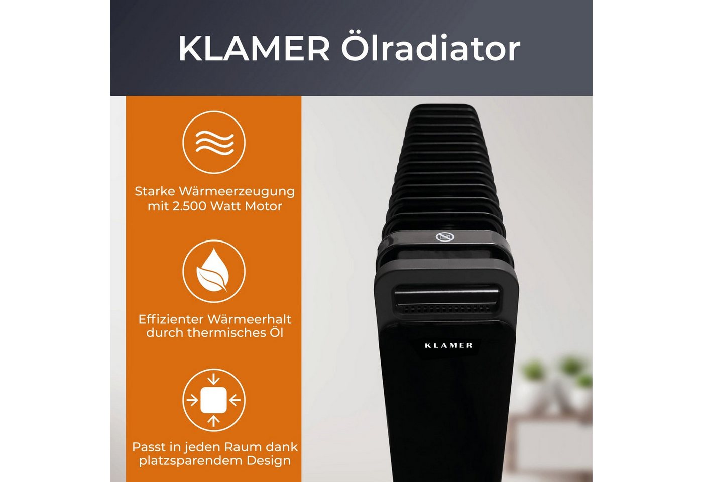 KLAMER Ölradiator 2500 W, Elektroheizung energiesparend, 13 Rippen, 3 Heizstufen mit Ec…, Eco-Modus heizt leise & sparsam, 3-fach Sicherheit, geräuscharm Bild 2