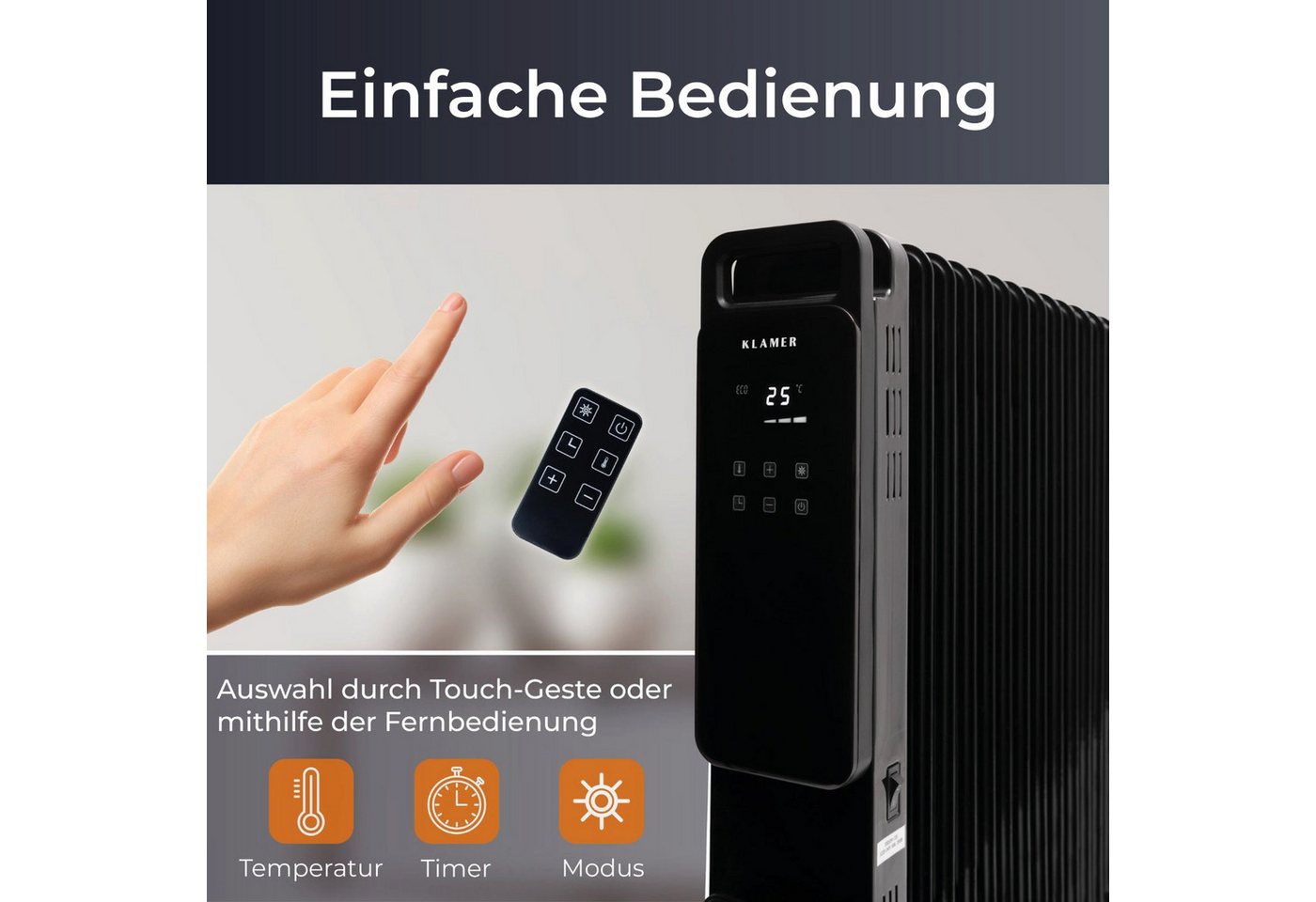KLAMER Ölradiator 2500 W, Elektroheizung energiesparend, 13 Rippen, 3 Heizstufen mit Ec…, Eco-Modus heizt leise & sparsam, 3-fach Sicherheit, geräuscharm Bild 4