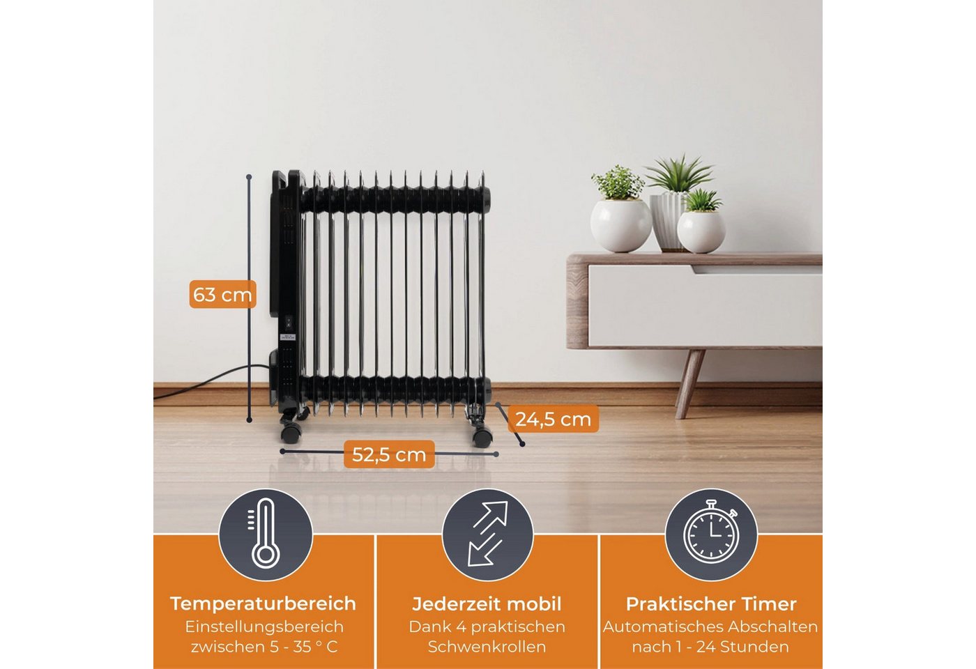 KLAMER Ölradiator 2500 W, Elektroheizung energiesparend, 13 Rippen, 3 Heizstufen mit Ec…, Eco-Modus heizt leise & sparsam, 3-fach Sicherheit, geräuscharm Bild 5