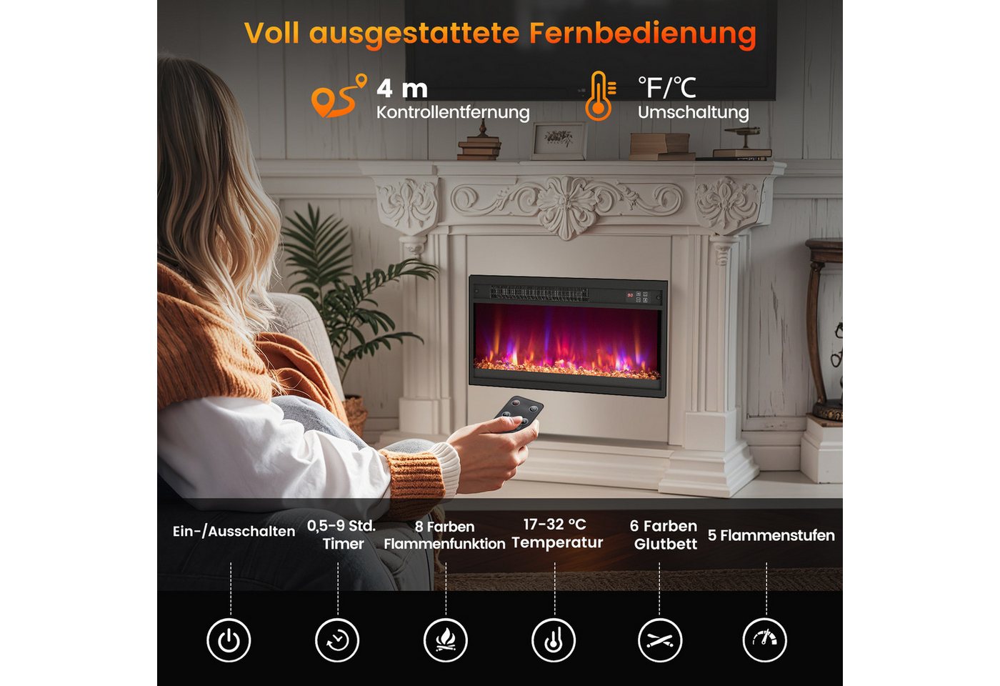 COSTWAY Elektrokamin, 18 Zoll Wandkamin 1500W mit Fernbedienung, 9H Timer Bild 3