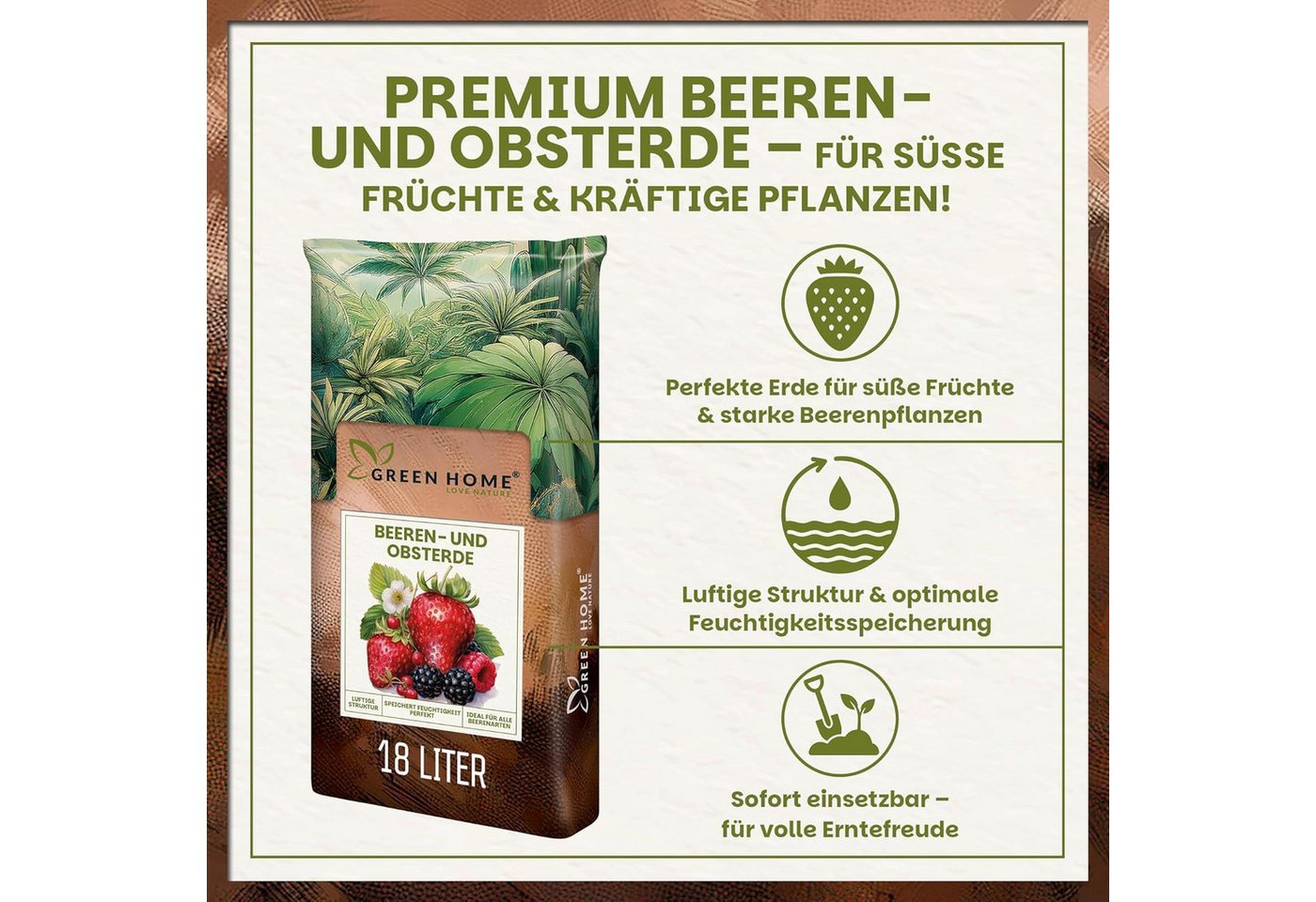 GREEN HOME LOVE NATURE Spezialerde Beerenobst Erde – Substrat für Erdbeeren, Obst- und Beerenpflanzen 18 L, 36 L, 72 L, Bio-Qualität, Perlite, NPK 14-10-18 + CoteN, pH 5,8, Langzeitwirkung Bild 2
