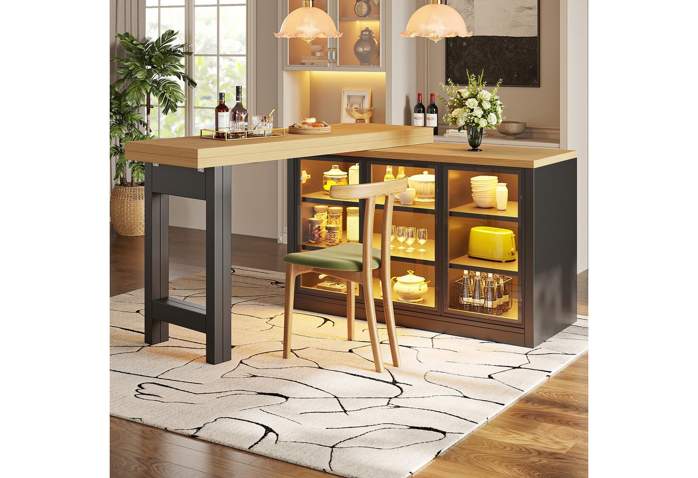Flieks Kücheninsel mit 360° drehbarer und klappbarer Esstisch, LED-Beleuchtung, Glastüren, (Holzoptik Tischplatte Tiefe 40-80cm, Längenverstellbar 120-197 cm), ausziehbarer Arbeitstisch & multifunktional Mehrzweckschrank Schwarz