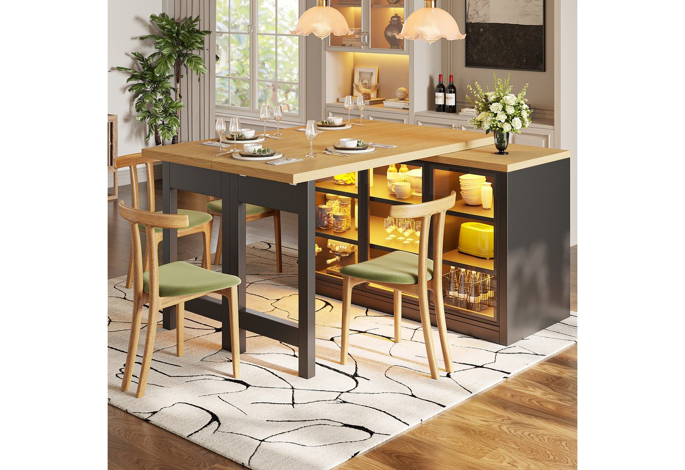 Flieks Kücheninsel mit 360° drehbarer und klappbarer Esstisch, LED-Beleuchtung, Glastüren, (Holzoptik Tischplatte Tiefe 40-80cm, Längenverstellbar 120-197 cm), ausziehbarer Arbeitstisch & multifunktional Mehrzweckschrank Schwarz Bild 2