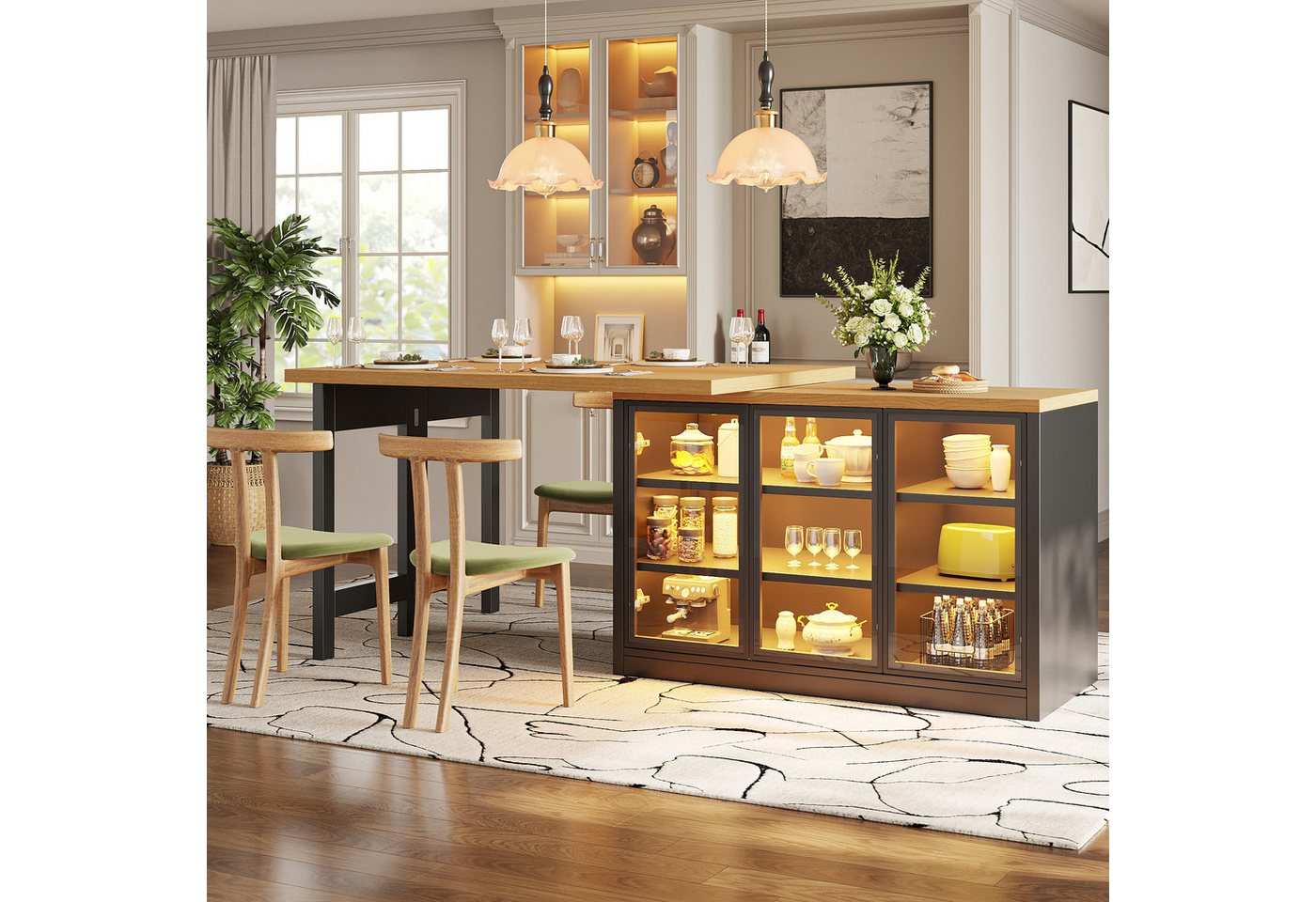 Flieks Kücheninsel mit 360° drehbarer und klappbarer Esstisch, LED-Beleuchtung, Glastüren, (Holzoptik Tischplatte Tiefe 40-80cm, Längenverstellbar 120-197 cm), ausziehbarer Arbeitstisch & multifunktional Mehrzweckschrank Schwarz Bild 3