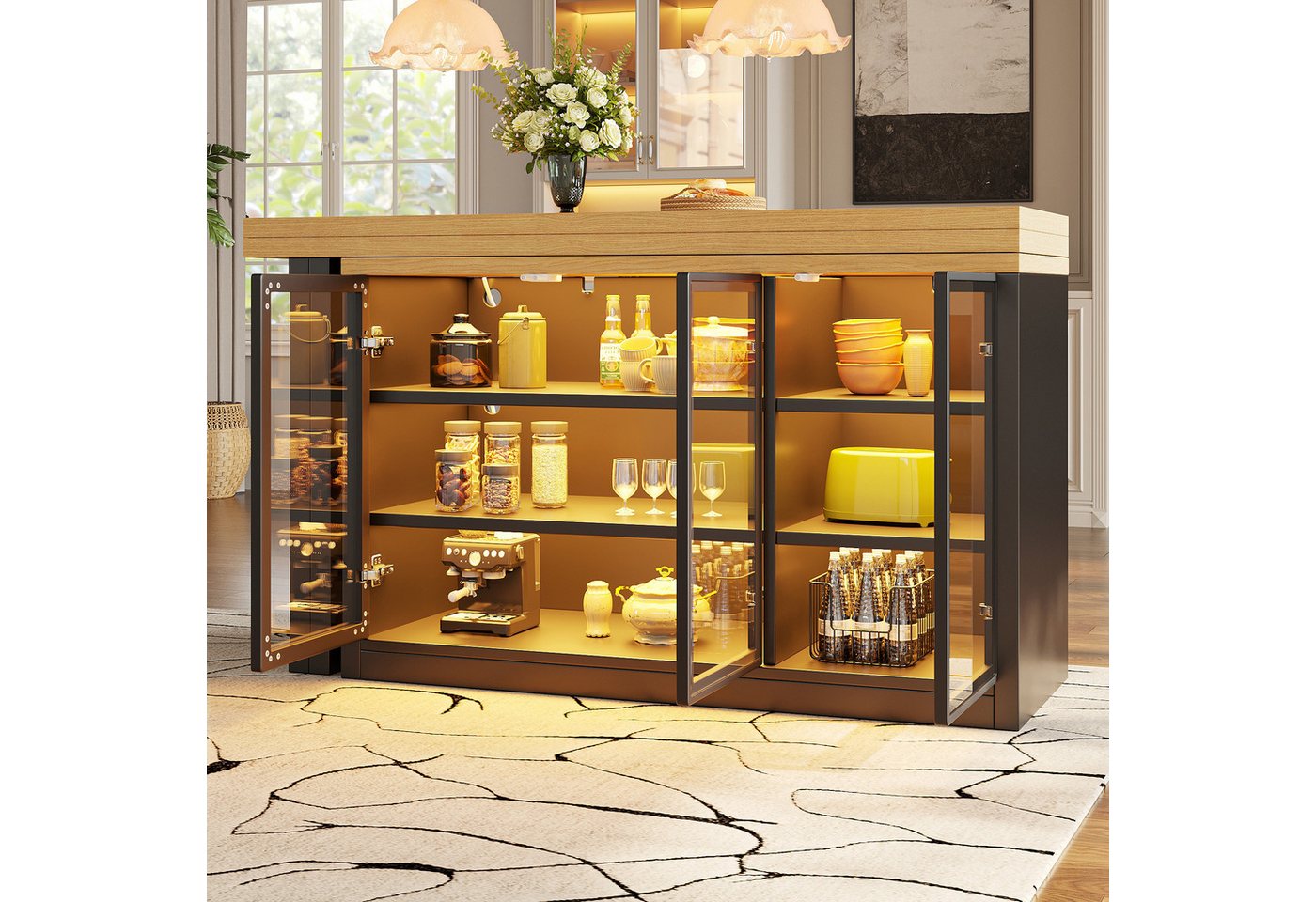 Flieks Kücheninsel mit 360° drehbarer und klappbarer Esstisch, LED-Beleuchtung, Glastüren, (Holzoptik Tischplatte Tiefe 40-80cm, Längenverstellbar 120-197 cm), ausziehbarer Arbeitstisch & multifunktional Mehrzweckschrank Schwarz Bild 5