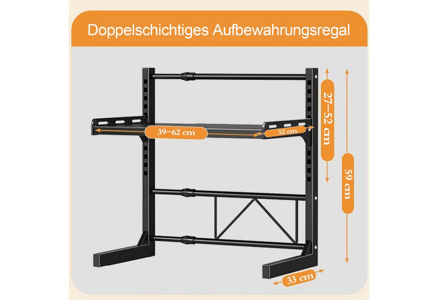 OKWISH Küchenregal Verstellbares Mikrowellenregal 2 Stufig, Ausziehbares Küchenregal aus Stahl mit 6 Haken und rutschfesten Füßen. 1-tlg., Höhenverstellbar belastbar für Mikrowelle & Geräte Bild 4