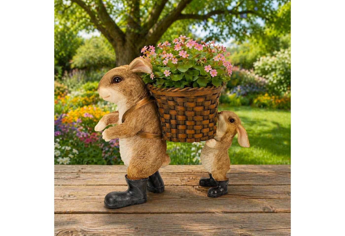 Online-Fuchs Gartenfigur f ür außen - 2 Hasen, Kaninchen mit Blumentopf - 24 cm groß, (wetterfest), Dekoration für Garten, Terrasse und Balkon Bild 3