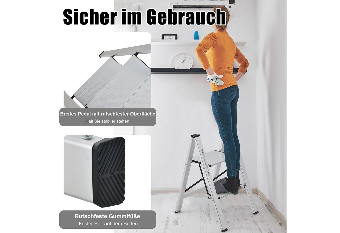 COSTWAY Trittleiter, 2 Stufen bis 150 kg, klappbar rutschfest, aus Aluminium Bild 2