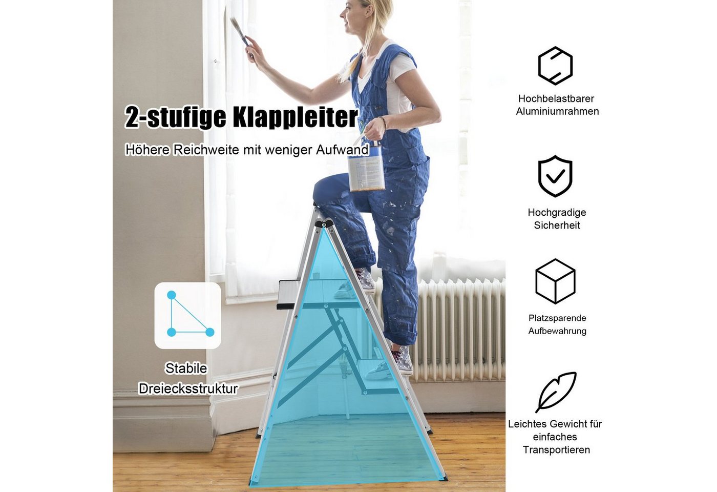 COSTWAY Trittleiter, 2 Stufen bis 150 kg, klappbar rutschfest, aus Aluminium Bild 3