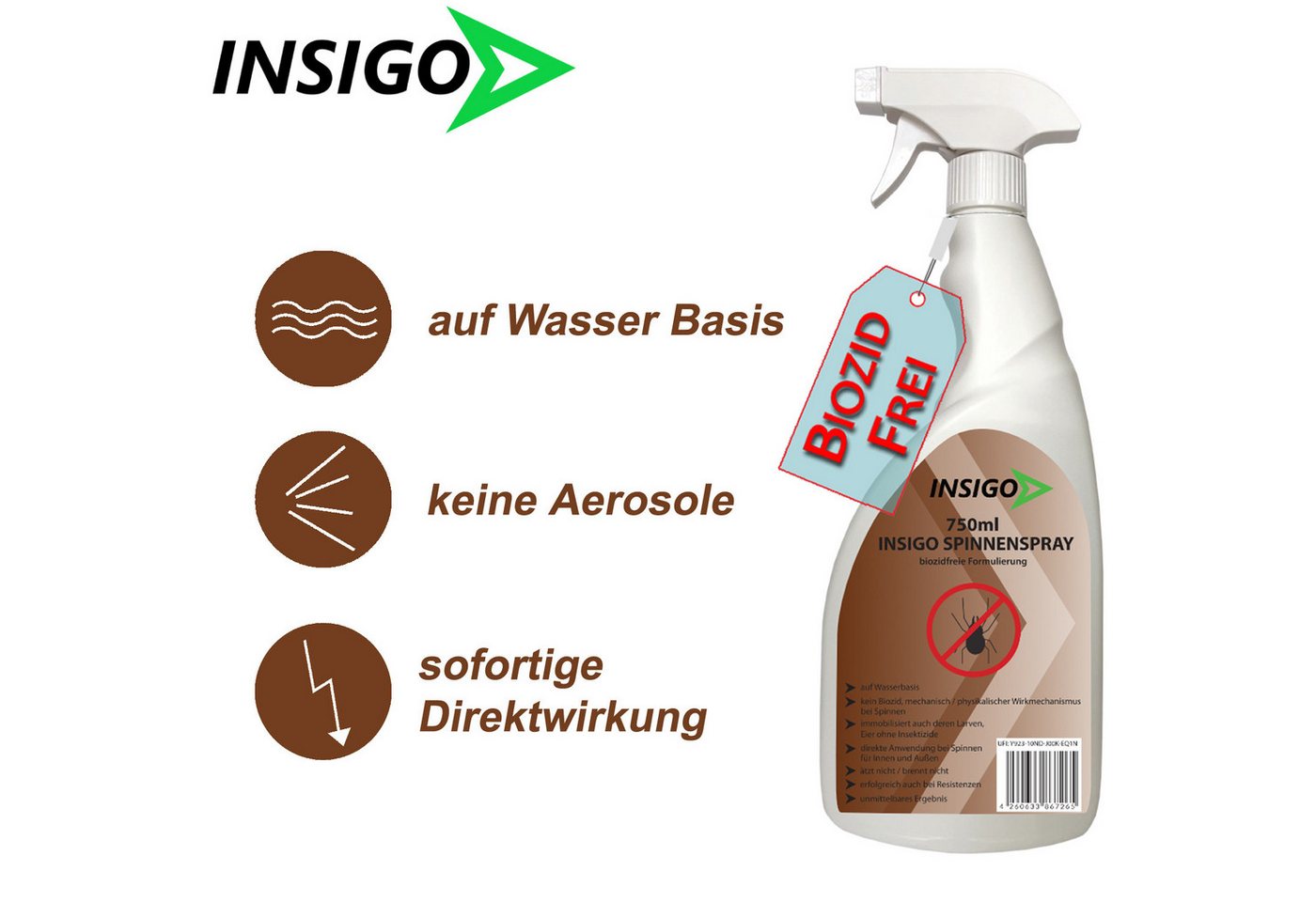 INSIGO Insektenspray Spinnen-Spray Hochwirksam gegen Spinnen, 0.75 l, biozidfreie Formel, auf Wasserbasis, geruchsarm, brennt / ätzt nicht