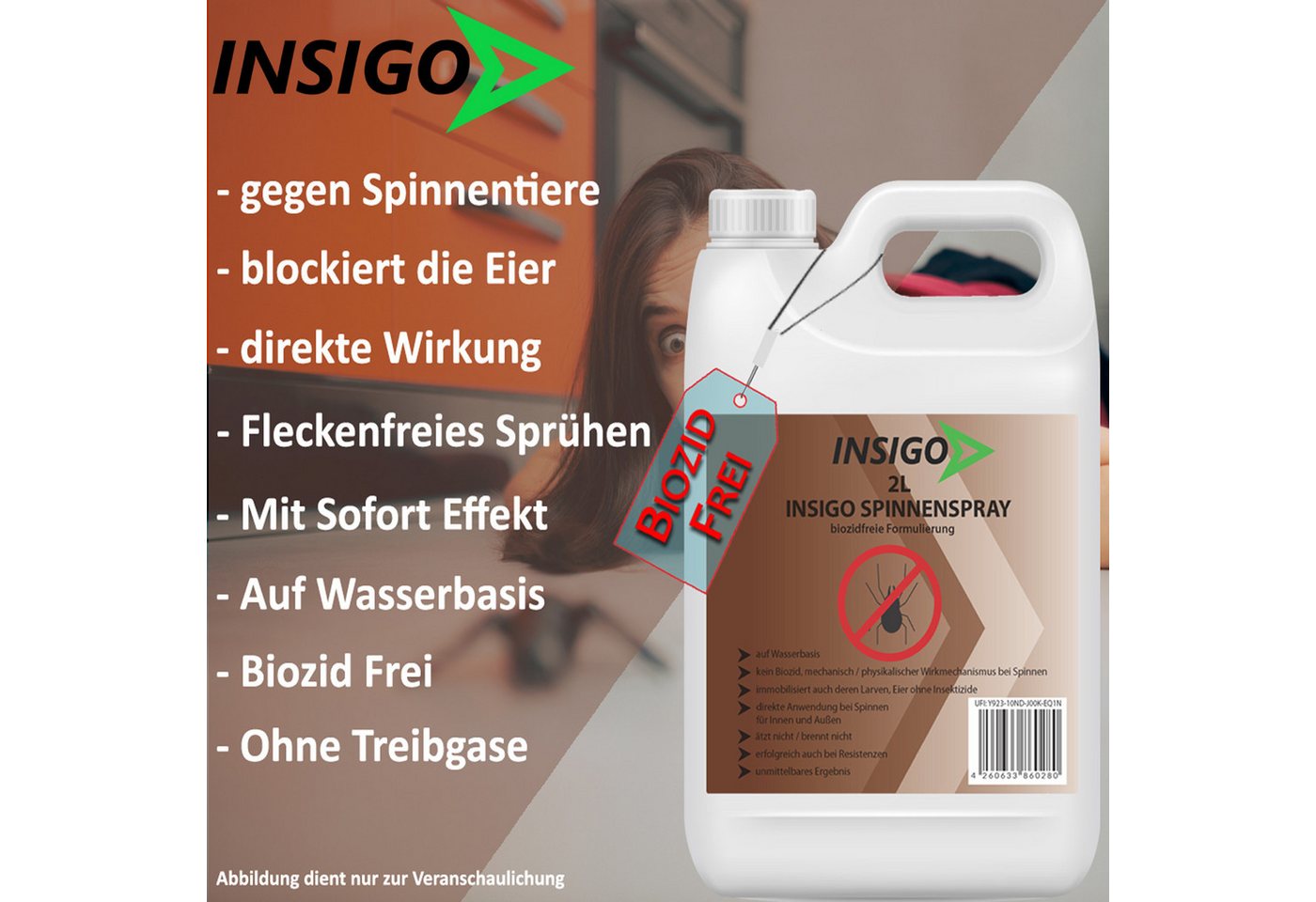 INSIGO Insektenspray Spinnen-Spray Hochwirksam gegen Spinnen, 0.75 l, biozidfreie Formel, auf Wasserbasis, geruchsarm, brennt / ätzt nicht Bild 3