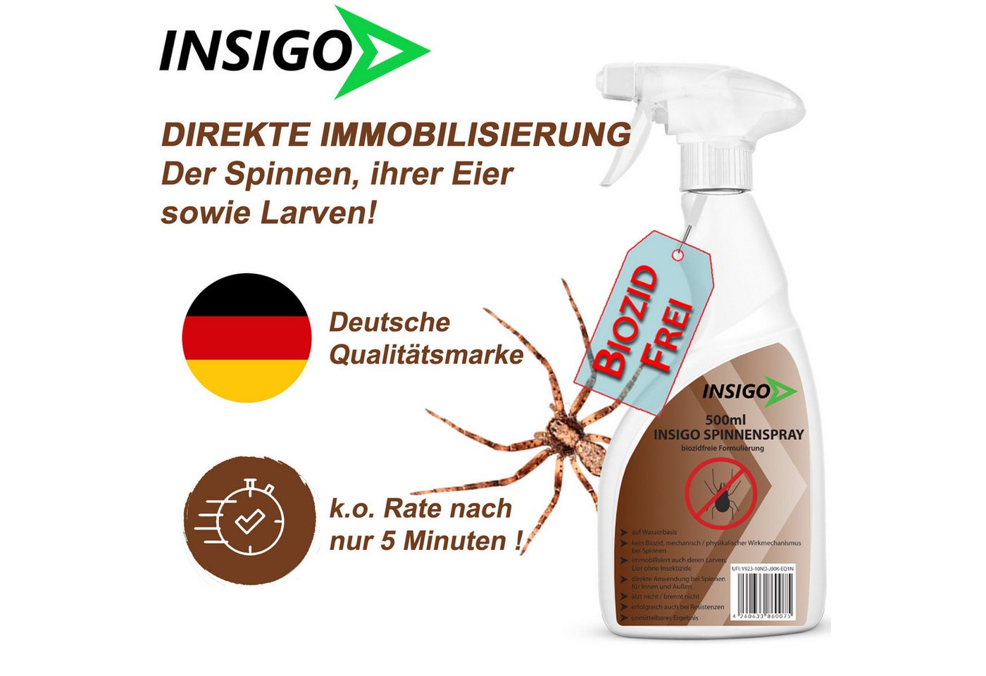 INSIGO Insektenspray Spinnen-Spray Hochwirksam gegen Spinnen, 0.75 l, biozidfreie Formel, auf Wasserbasis, geruchsarm, brennt / ätzt nicht Bild 5