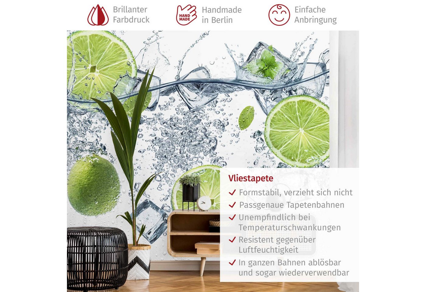 Bilderdepot24 Vliestapete Küche Erfrischende Limette Eiswürfe Wasser Kulinarisch Modern, Glatt, Matt, (Vliestapete inkl. Kleister oder selbstklebend), Küche Esszimmer Bildtapete Fototapete Vliestapete Wandtapete Bild 3
