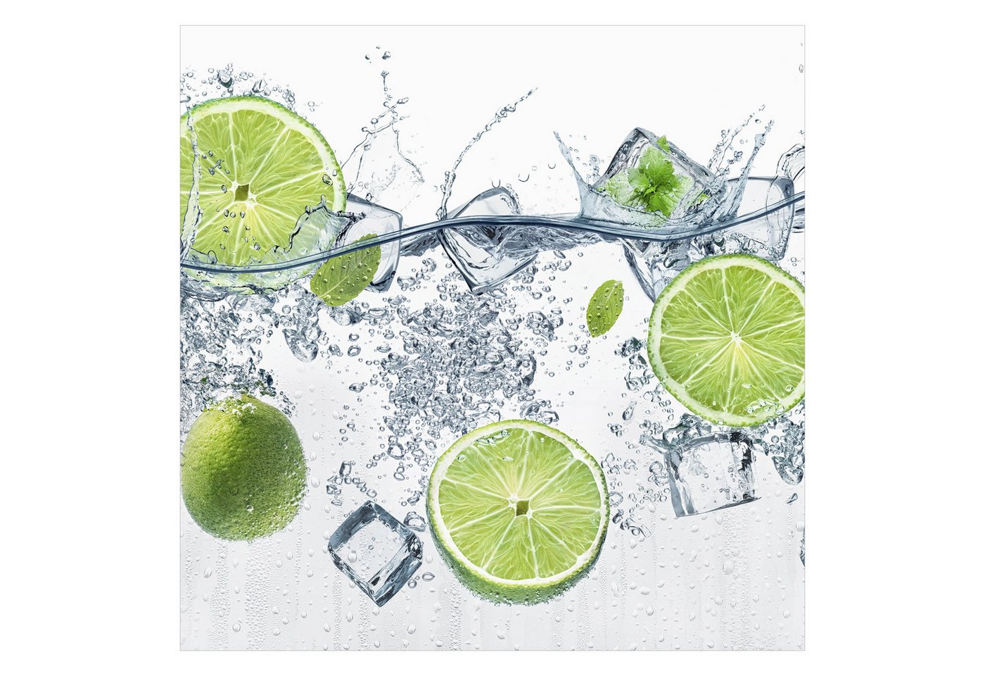 Bilderdepot24 Vliestapete Küche Erfrischende Limette Eiswürfe Wasser Kulinarisch Modern, Glatt, Matt, (Vliestapete inkl. Kleister oder selbstklebend), Küche Esszimmer Bildtapete Fototapete Vliestapete Wandtapete Bild 4