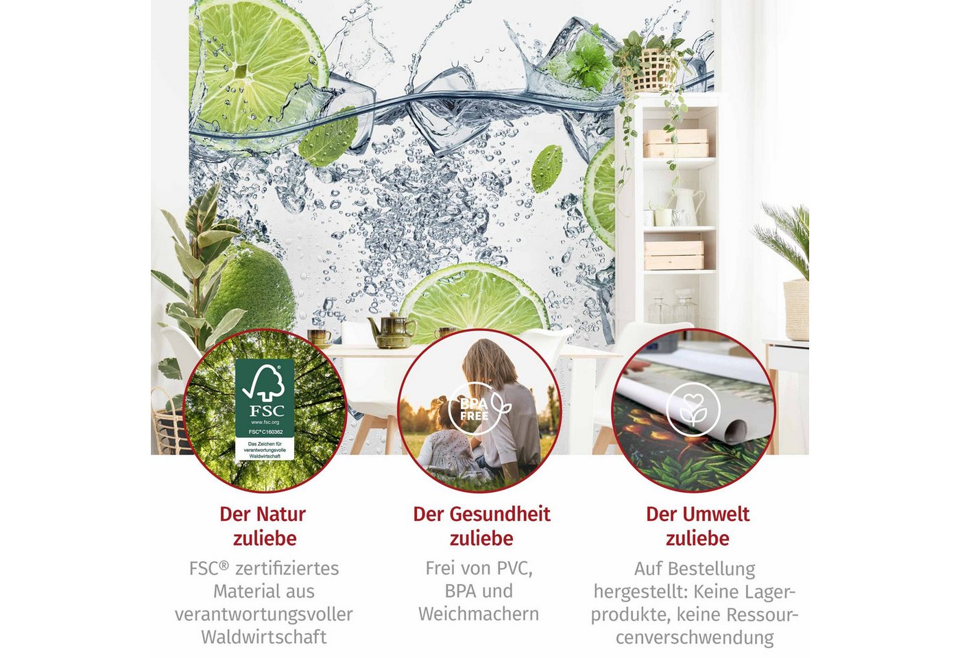 Bilderdepot24 Vliestapete Küche Erfrischende Limette Eiswürfe Wasser Kulinarisch Modern, Glatt, Matt, (Vliestapete inkl. Kleister oder selbstklebend), Küche Esszimmer Bildtapete Fototapete Vliestapete Wandtapete Bild 5