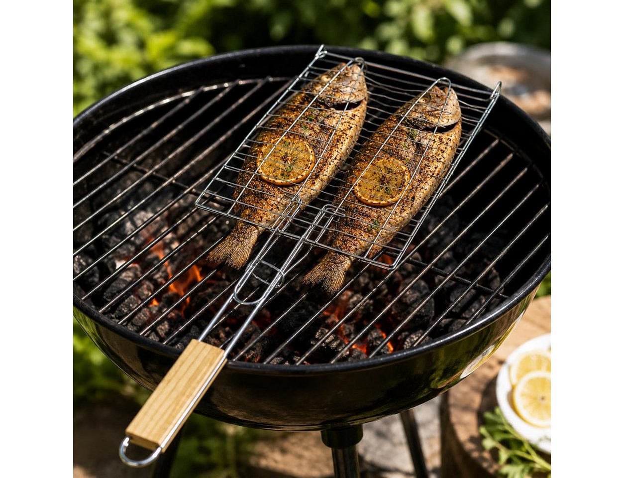 BAYLI Grillspieß Fischbräter mit Holzgriff 23,5 x 23,5 cm – Fischkorb Grillkorb Fischha Bild 2