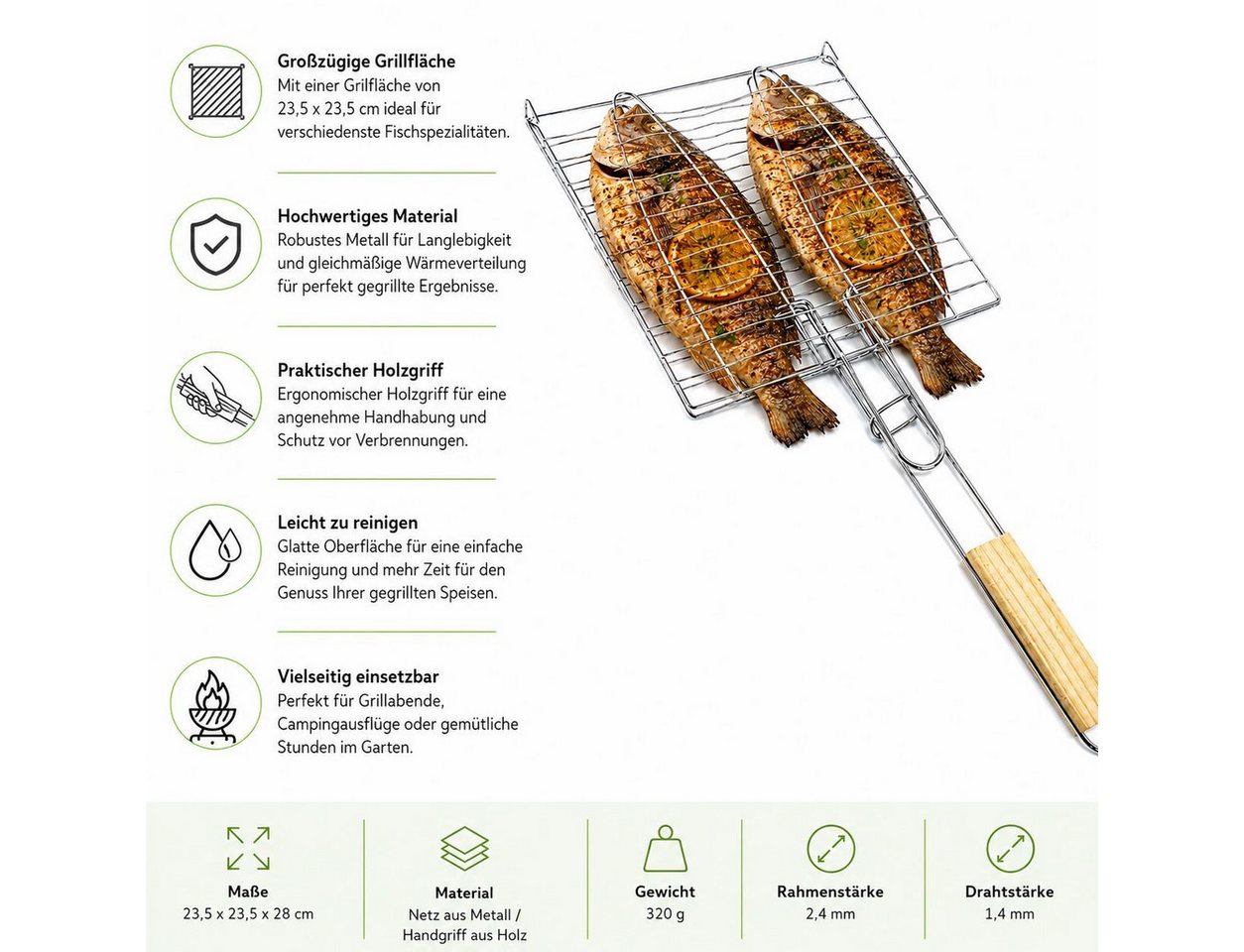BAYLI Grillspieß Fischbräter mit Holzgriff 23,5 x 23,5 cm – Fischkorb Grillkorb Fischha Bild 3