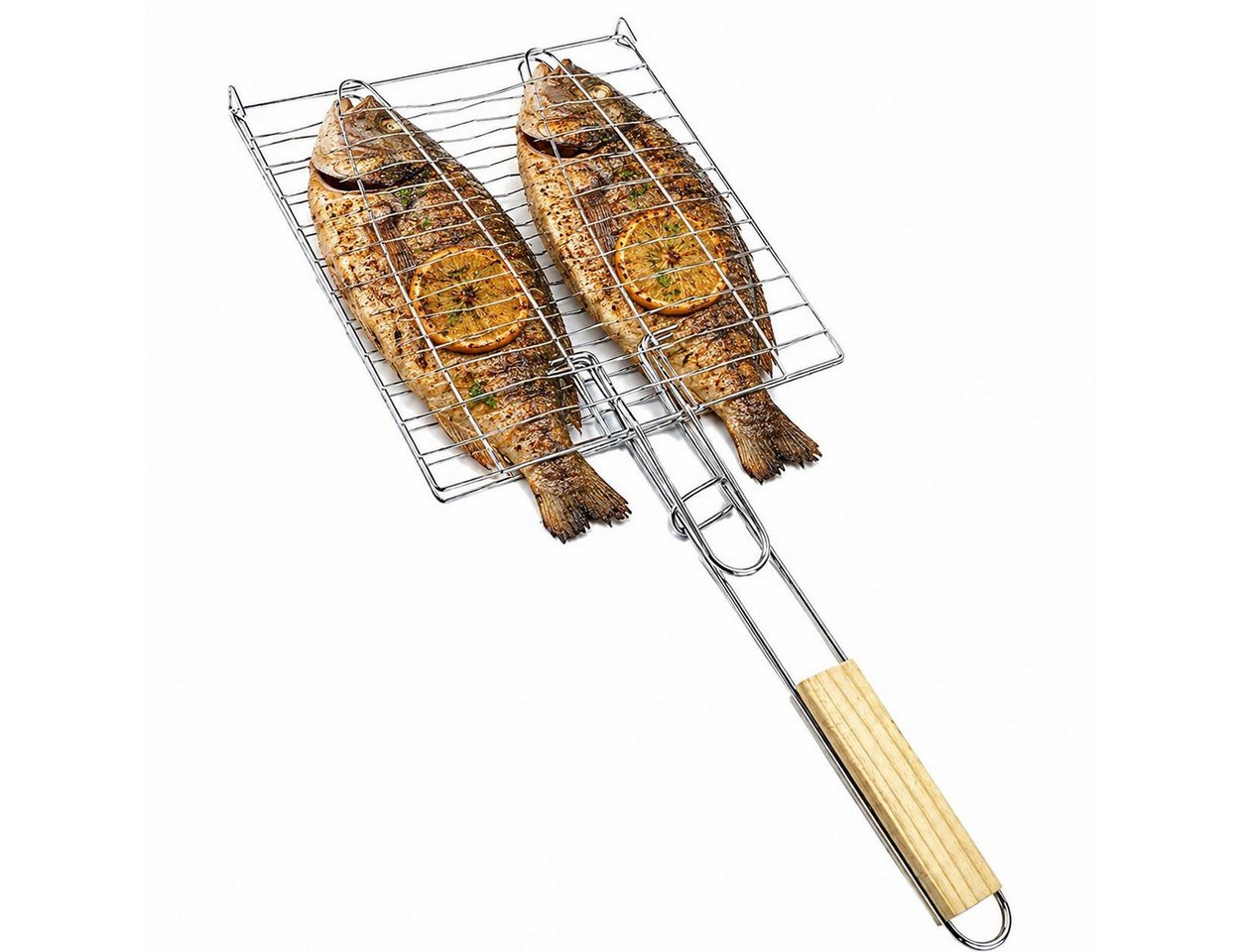 BAYLI Grillspieß Fischbräter mit Holzgriff 23,5 x 23,5 cm – Fischkorb Grillkorb Fischha Bild 4