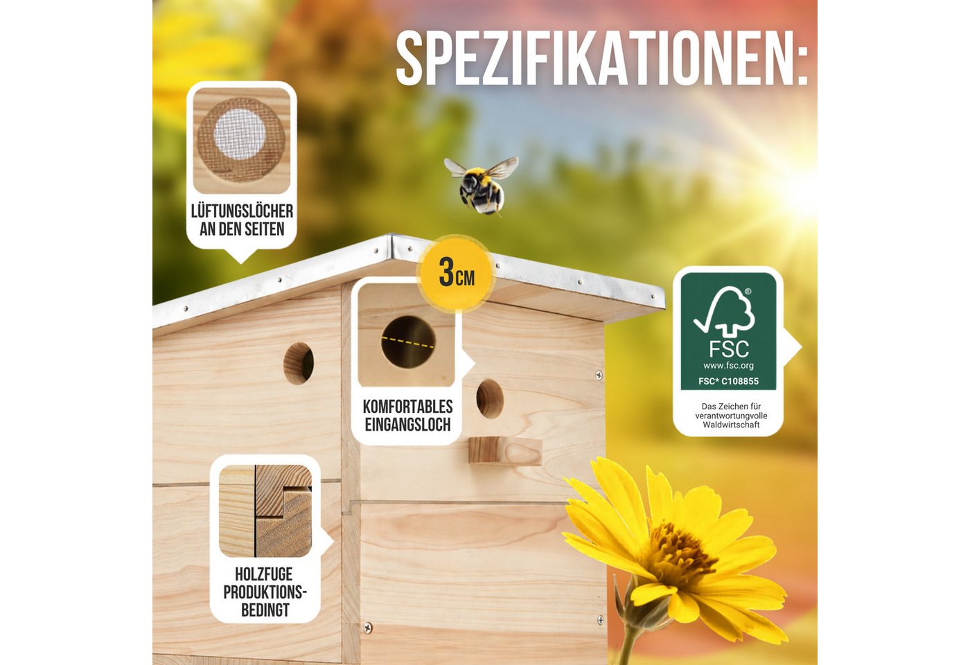 BEESI Insektenhotel Hummelhaus groß inkl. Vorbau und Wachsmottensperre, (Packung, 1-St., Hummelhotel inkl. Kapok, Nistkarton, Holzspäne), 32T x 26,8B x 31,5H cm