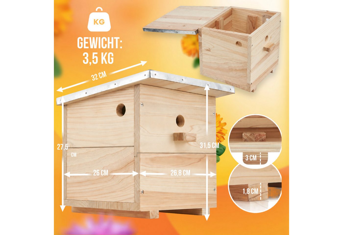 BEESI Insektenhotel Hummelhaus groß inkl. Vorbau und Wachsmottensperre, (Packung, 1-St., Hummelhotel inkl. Kapok, Nistkarton, Holzspäne), 32T x 26,8B x 31,5H cm Bild 2