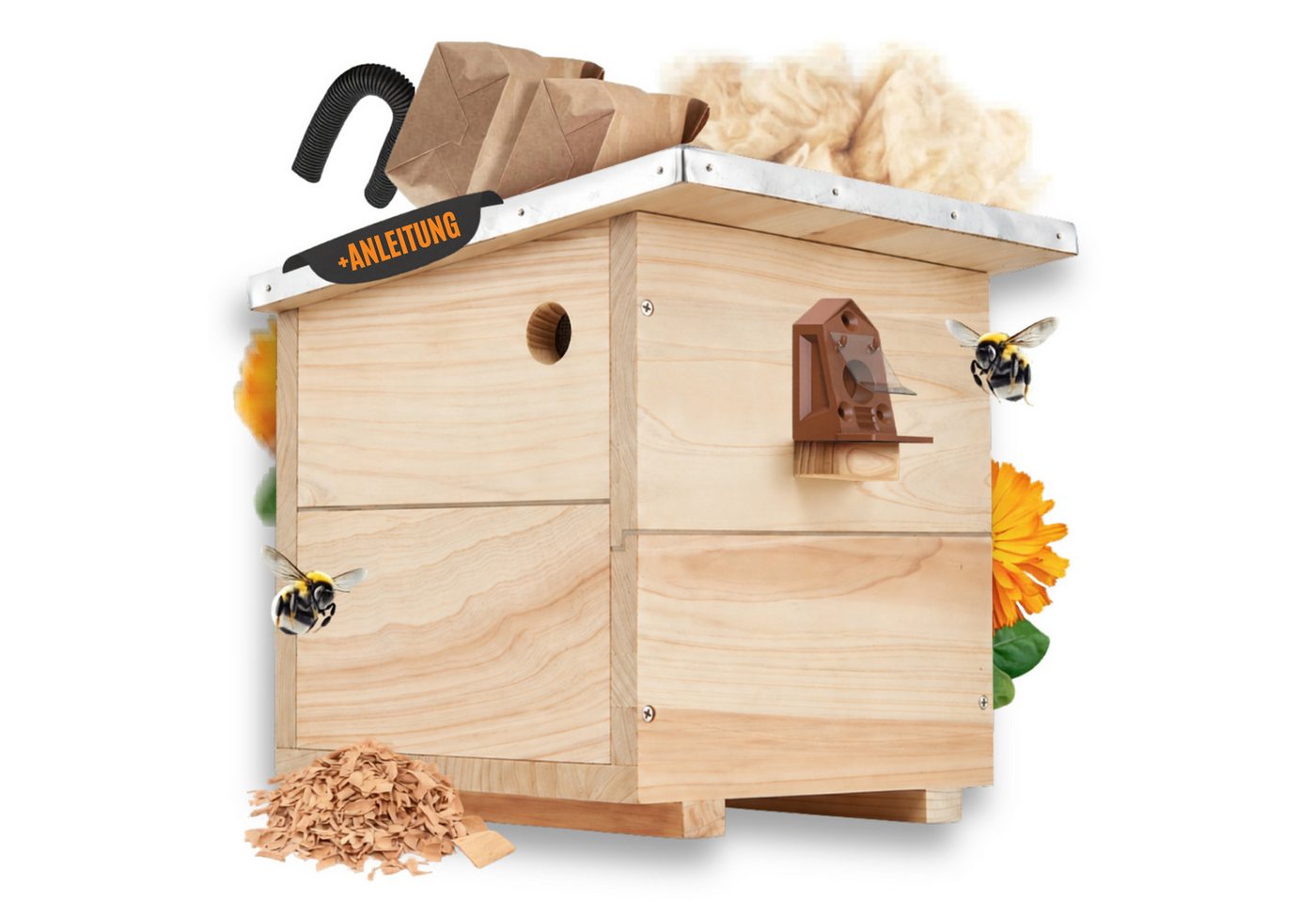 BEESI Insektenhotel Hummelhaus groß inkl. Vorbau und Wachsmottensperre, (Packung, 1-St., Hummelhotel inkl. Kapok, Nistkarton, Holzspäne), 32T x 26,8B x 31,5H cm Bild 3