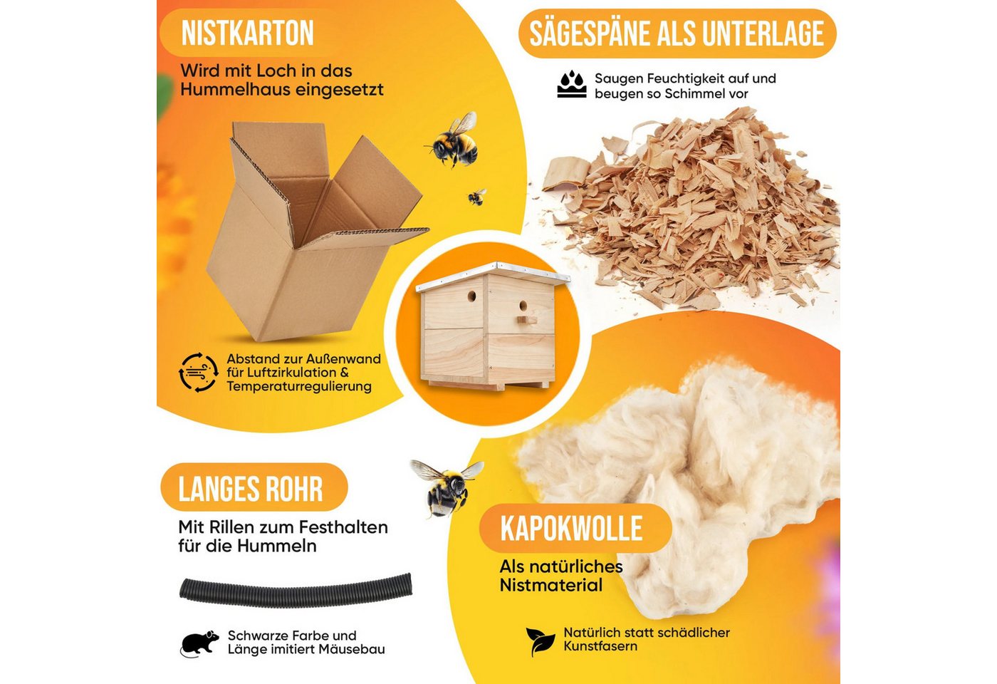 BEESI Insektenhotel Hummelhaus groß inkl. Vorbau und Wachsmottensperre, (Packung, 1-St., Hummelhotel inkl. Kapok, Nistkarton, Holzspäne), 32T x 26,8B x 31,5H cm Bild 4
