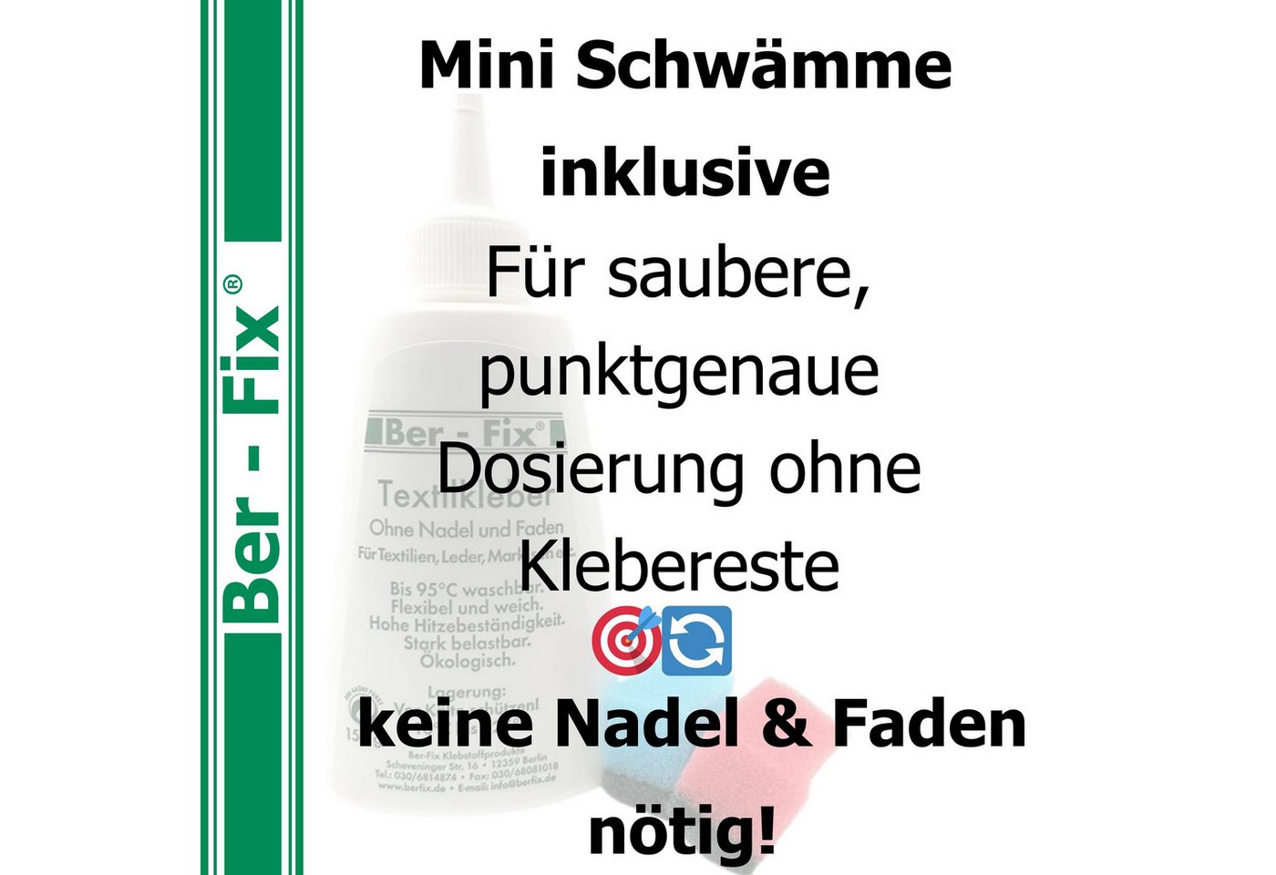 Ber-Fix Textilkleber,Stoffkleber Set mit 12 Mini-Schwämme, (Set), einfach anzuwenden, waschbar bis 95 °C, stark aber flexibel
