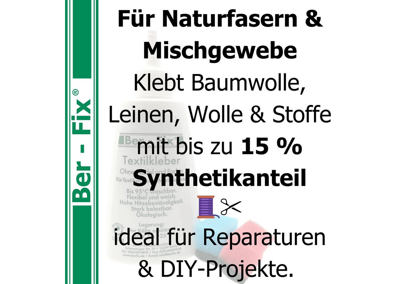 Ber-Fix Textilkleber,Stoffkleber Set mit 12 Mini-Schwämme, (Set), einfach anzuwenden, waschbar bis 95 °C, stark aber flexibel Bild 3
