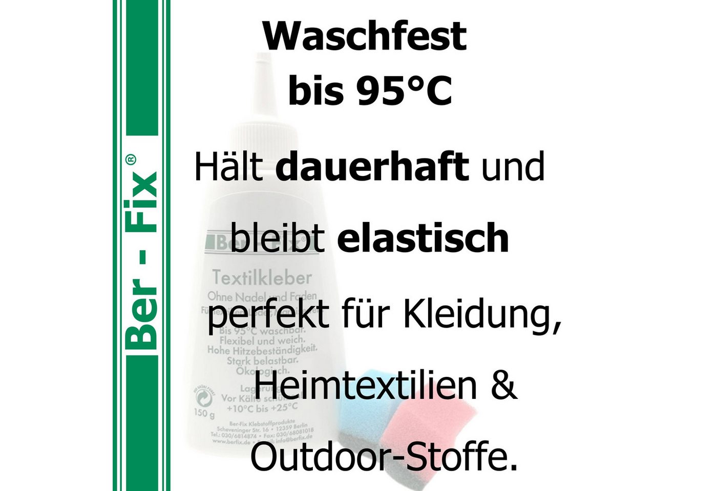 Ber-Fix Textilkleber,Stoffkleber Set mit 12 Mini-Schwämme, (Set), einfach anzuwenden, waschbar bis 95 °C, stark aber flexibel Bild 4