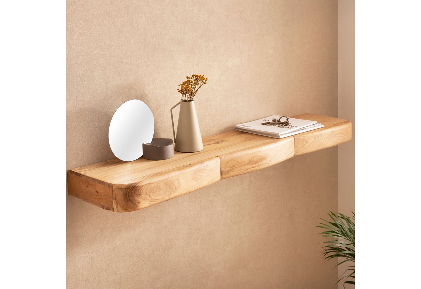 Wohnling Wandregal WL7.389 Schweberegal Akazie Massivholz 120cm Wandboard mit Schubladen, Massivholz Wandregal mit Schubladen, Praktische Ablage für moderne Wohnräume Bild 2