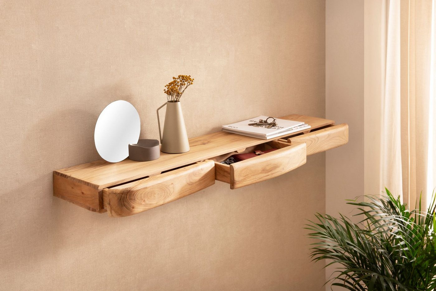 Wohnling Wandregal WL7.389 Schweberegal Akazie Massivholz 120cm Wandboard mit Schubladen, Massivholz Wandregal mit Schubladen, Praktische Ablage für moderne Wohnräume Bild 3