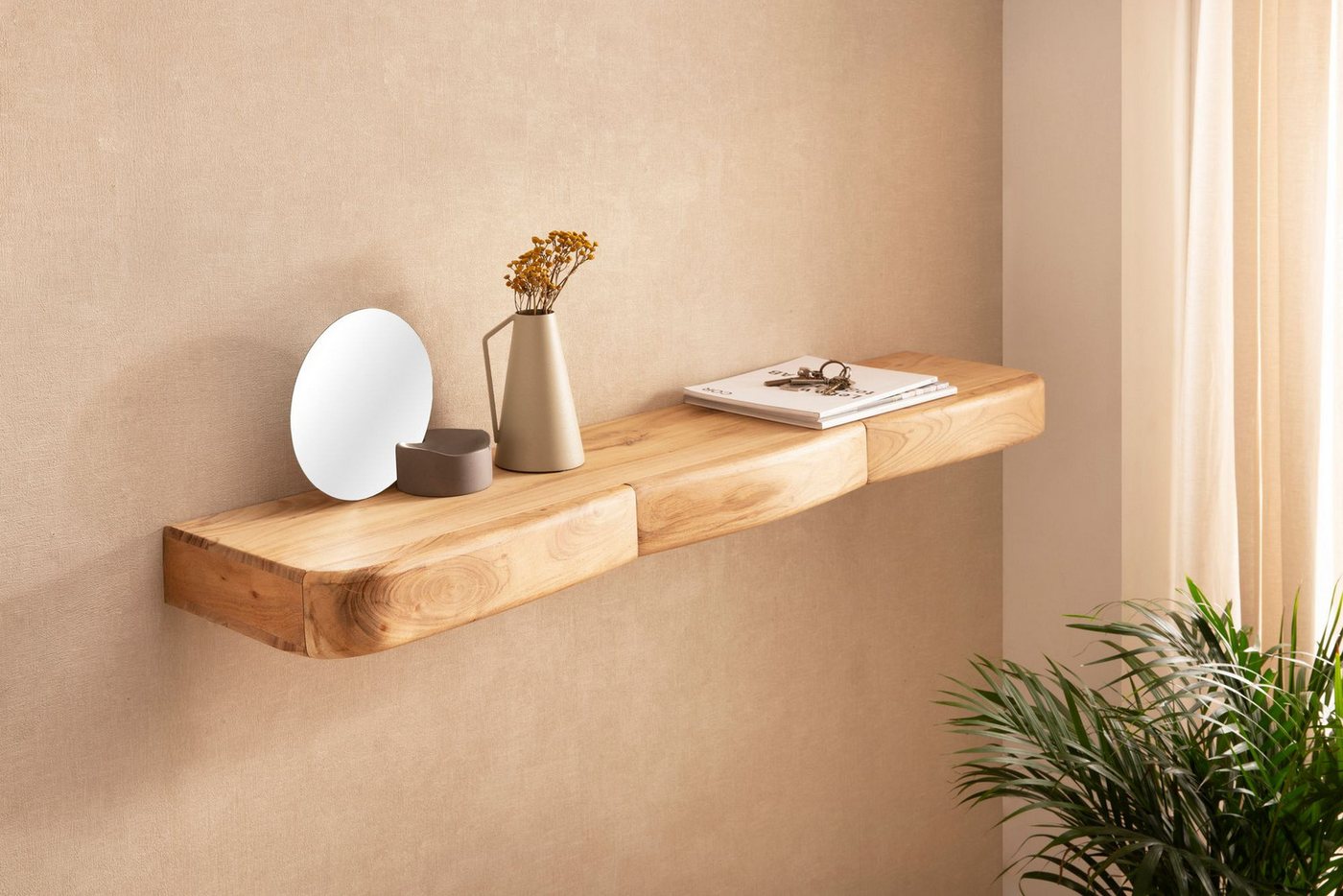 Wohnling Wandregal WL7.389 Schweberegal Akazie Massivholz 120cm Wandboard mit Schubladen, Massivholz Wandregal mit Schubladen, Praktische Ablage für moderne Wohnräume Bild 4