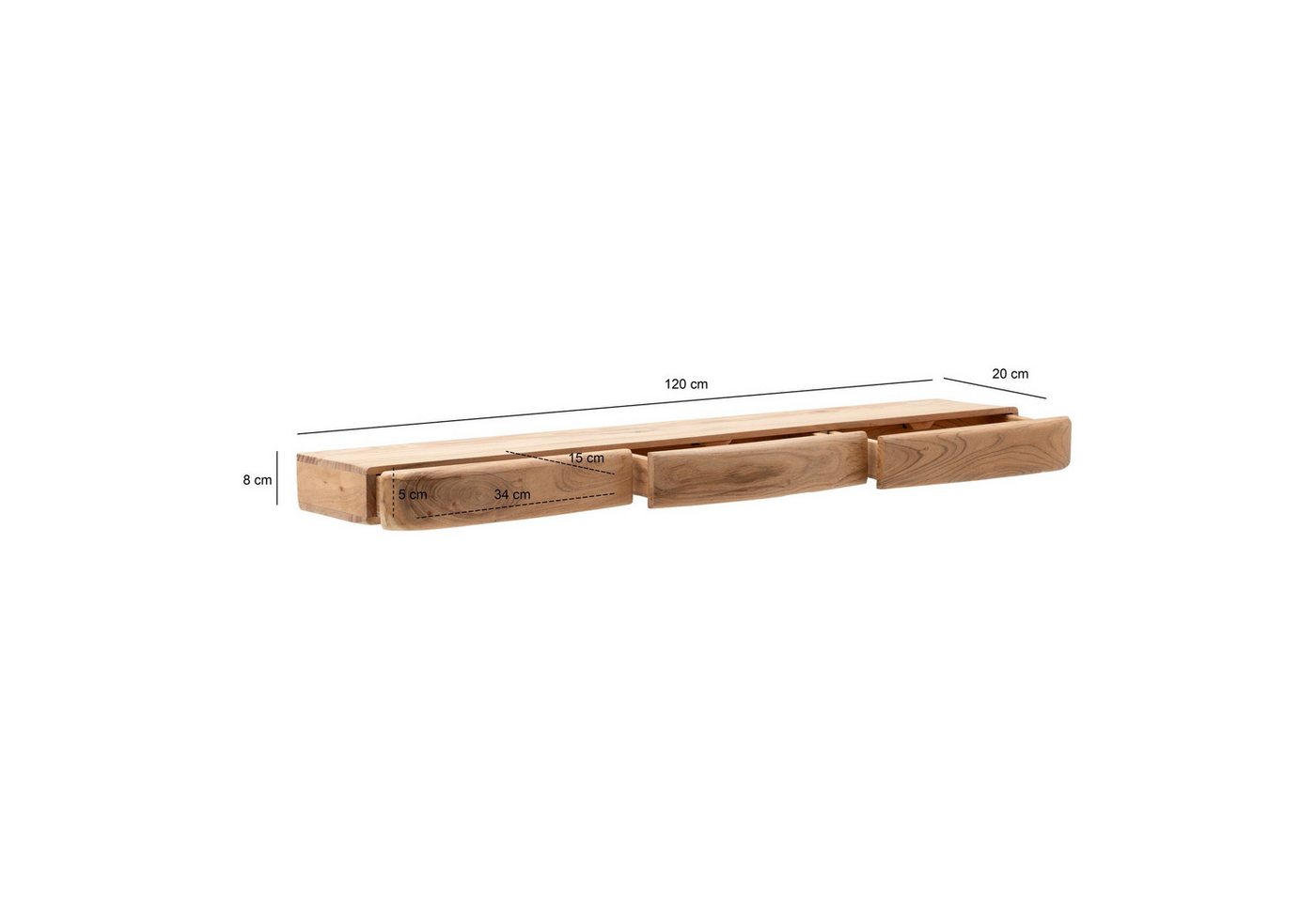 Wohnling Wandregal WL7.389 Schweberegal Akazie Massivholz 120cm Wandboard mit Schubladen, Massivholz Wandregal mit Schubladen, Praktische Ablage für moderne Wohnräume Bild 5