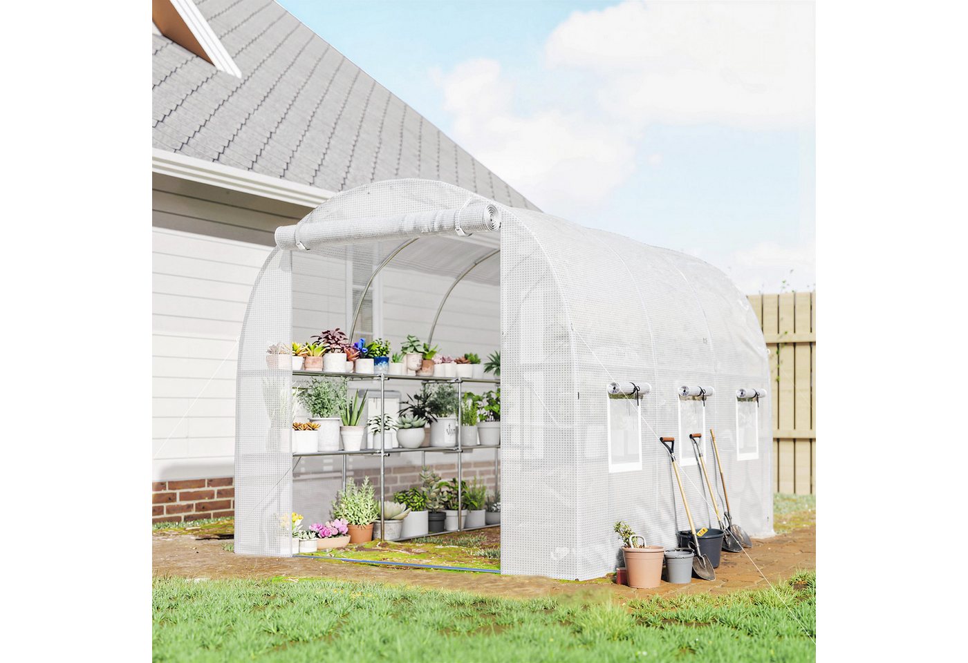 Outsunny Foliengewächshaus Gewächshaus mit Regalen, rollbar, UV-beständig, Tomatenhaus, BxTxH: 198 x 275 x 191 cm, BxLxH: 25 x 273 x 191 cm, 0.5 mm Wandstärke, Gewächshaus 3-St., Folientunnel, Weiß Bild 5