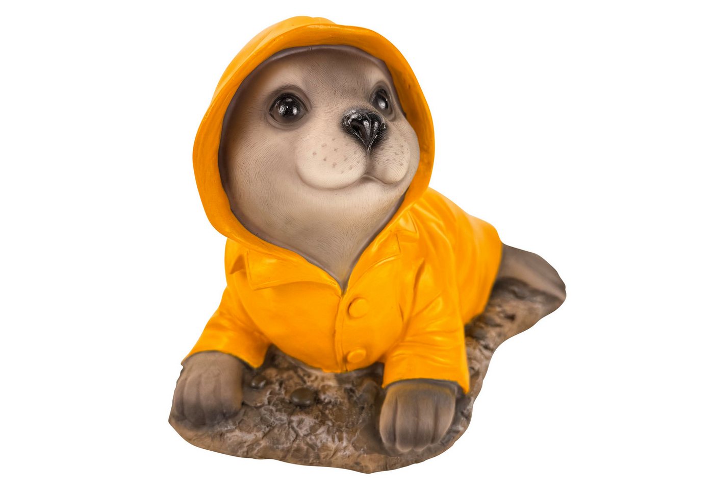 Online-Fuchs Gartenfigur für draußen - Seehund im Regenmantel - Teichdeko - 30 cm groß, (Robbe), aus hochwertigem Kunstharz gefertigt - wetterfest