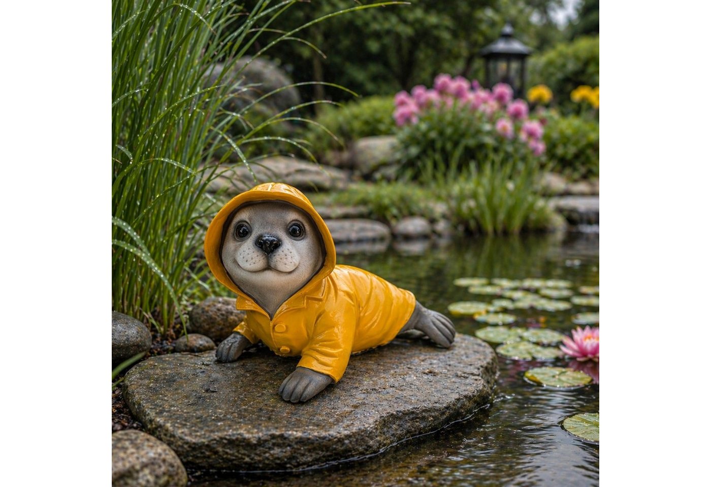 Online-Fuchs Gartenfigur für draußen - Seehund im Regenmantel - Teichdeko - 30 cm groß, (Robbe), aus hochwertigem Kunstharz gefertigt - wetterfest Bild 4
